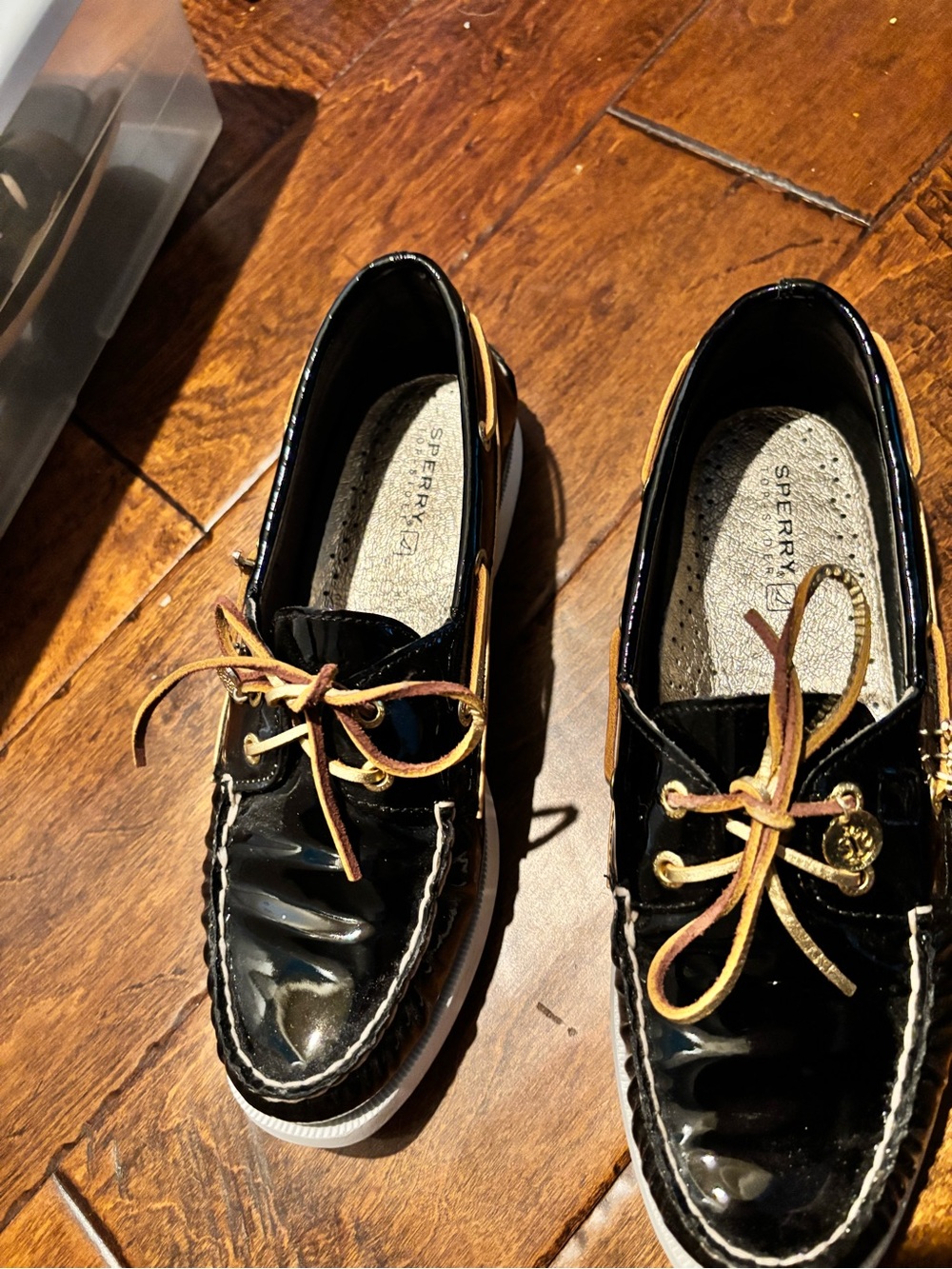 Sperry Black Patent Boat Shoes with Tan Laces